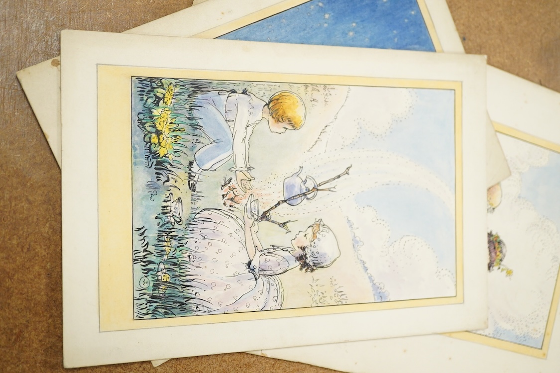 Flora White, Set of six original watercolours for children's postcard designs, to include Fairies and Children, each monogrammed, watercolours on card, unframed, largest 27 x 17cm